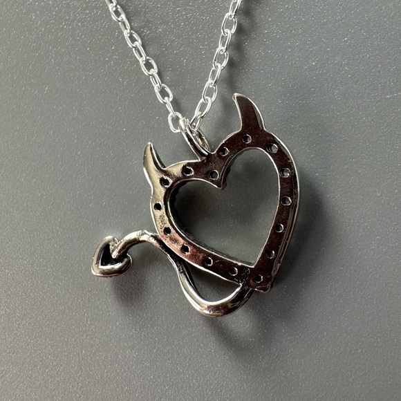 Sterling Silver Black CZ Devil Heart Necklace - Edgy Romance - Picture 9 of 11